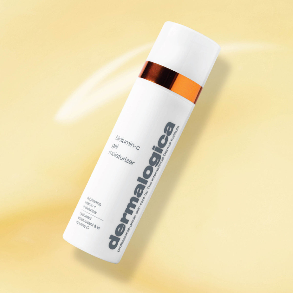 Dermalogica Biolumin-C Gel Face Moisturizer with Vitamin C, hyaluronic acid, citrus oil, and aloe juice applied on a clean face.