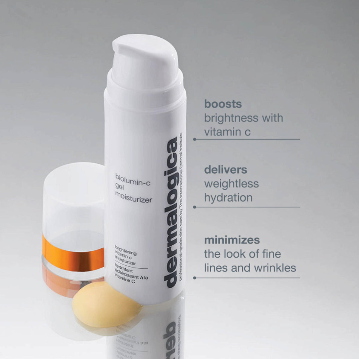 Dermalogica Biolumin-C Gel Face Moisturizer with Vitamin C, hyaluronic acid, citrus oil, and aloe juice, showing the gel texture in a jar.