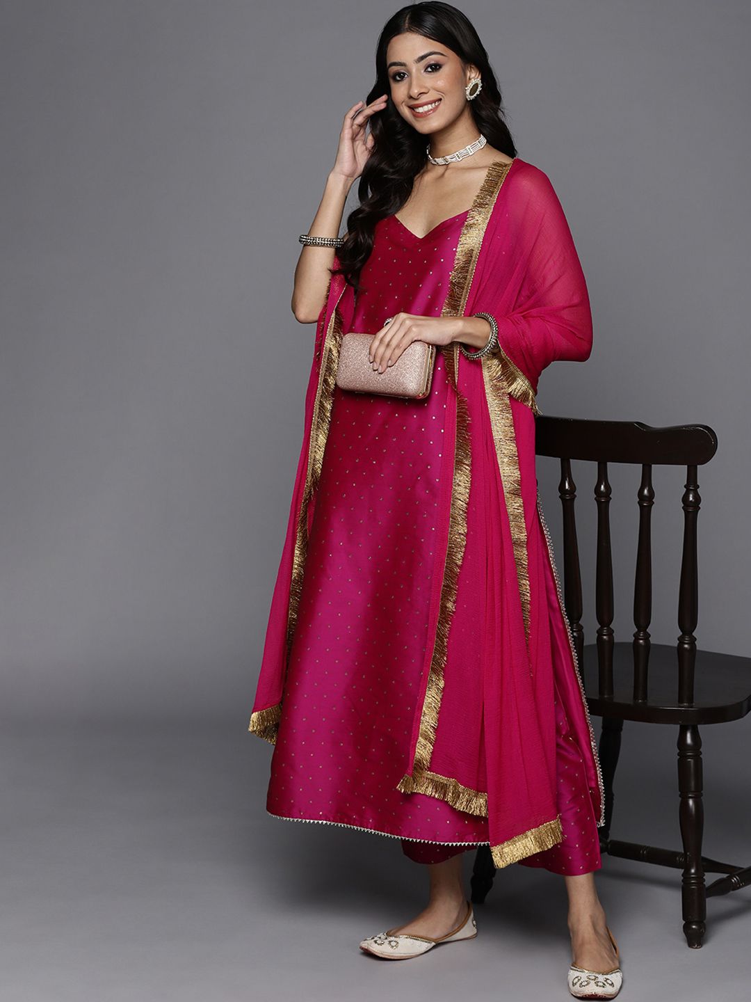 Indyancart VA Women's Magenta Foil Printed Sleevless Kurta and Trouser with Dupatta