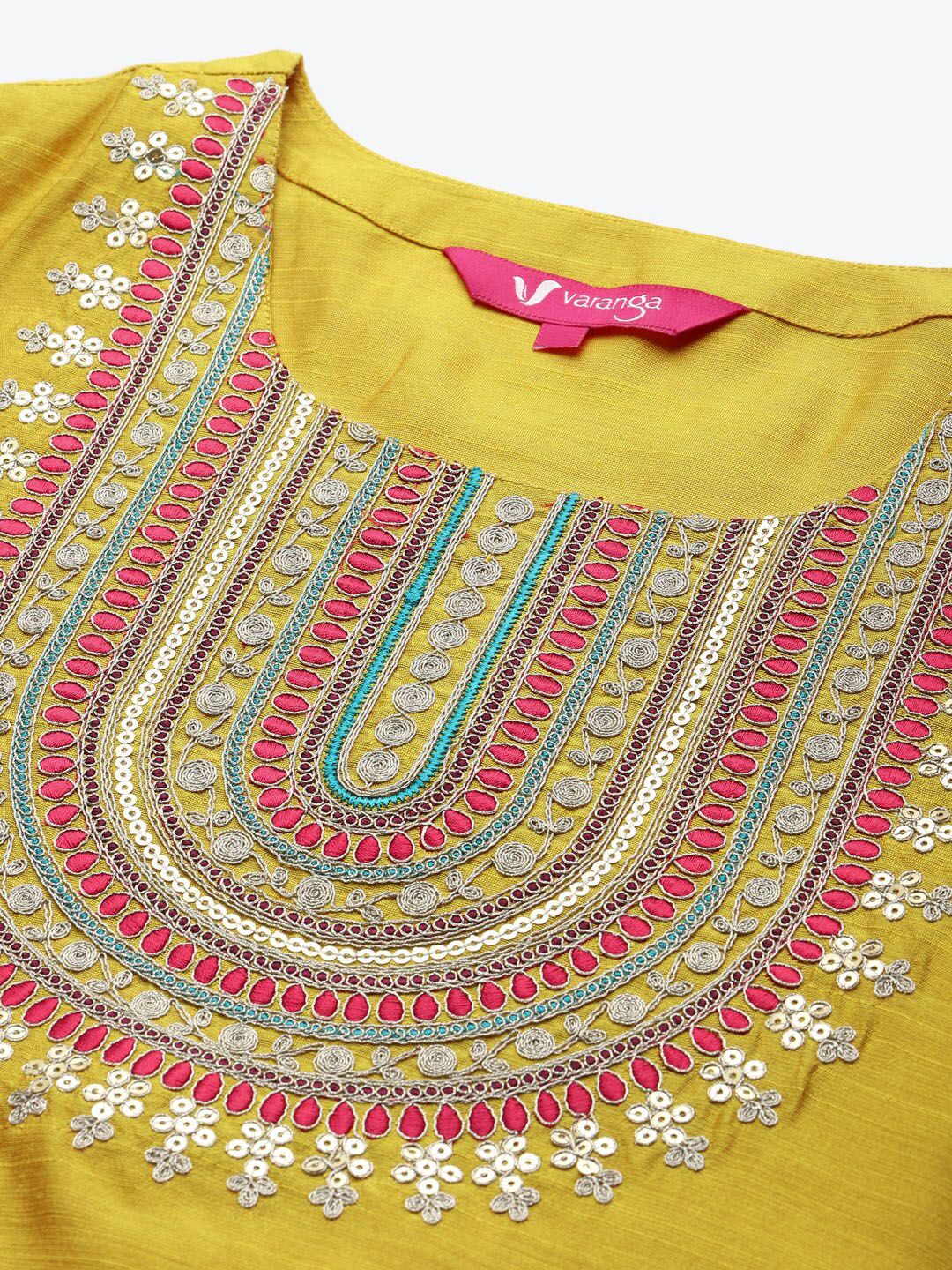 Indyancart VA Women's Mustard Yellow Embroidered Sequinned Kurta Set with Dupatta