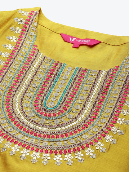 Indyancart VA Women's Mustard Yellow Embroidered Sequinned Kurta Set with Dupatta