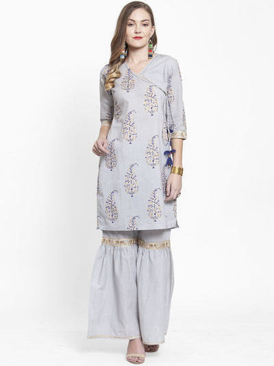 Indyancart VA Women's Grey Printed Kurta with Sharara