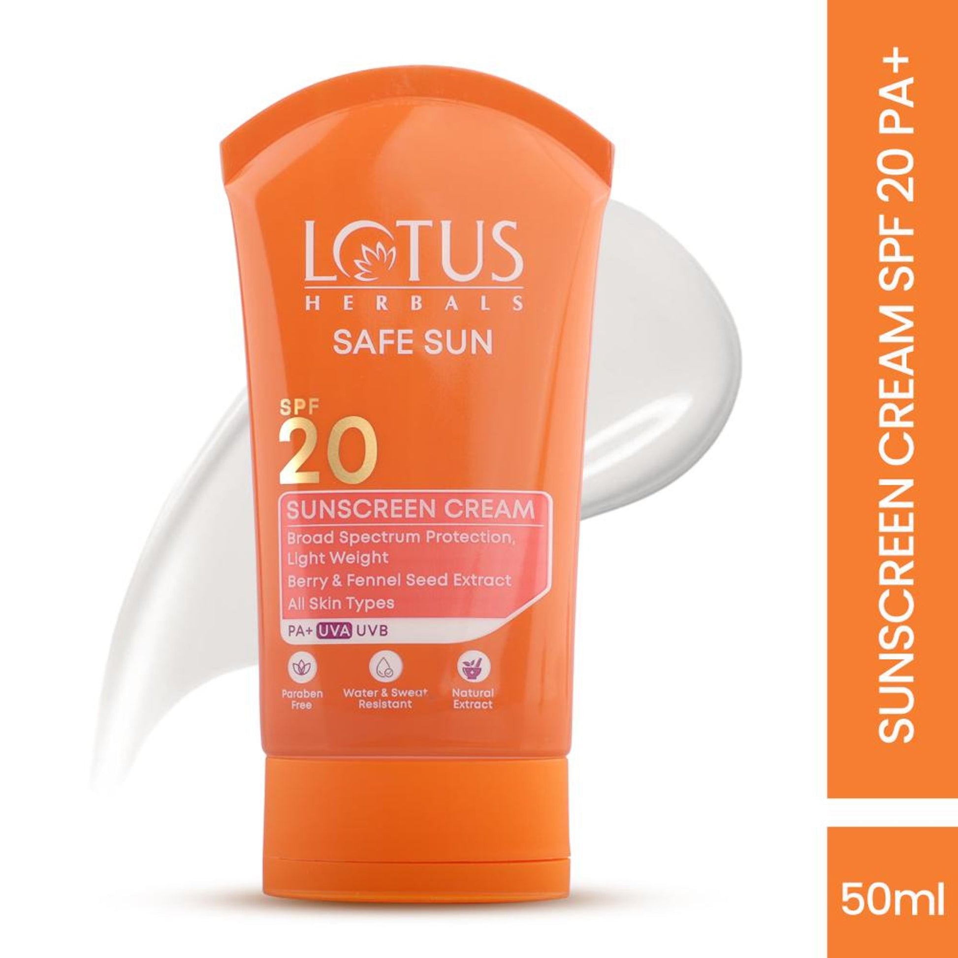 Lotus Herbals SafeSun Sunscreen Cream SPF 20 PA+ ,Berry & Fennel Seed Extracts,Waterproof & Oil-free