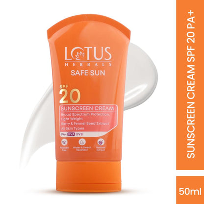 Lotus Herbals SafeSun Sunscreen Cream SPF 20 PA+ ,Berry & Fennel Seed Extracts,Waterproof & Oil-free