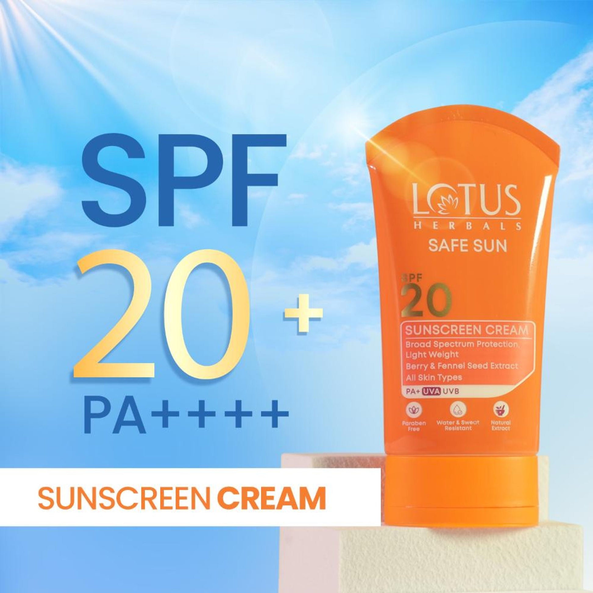Lotus Herbals SafeSun Sunscreen Cream SPF 20 PA+ ,Berry & Fennel Seed Extracts,Waterproof & Oil-free