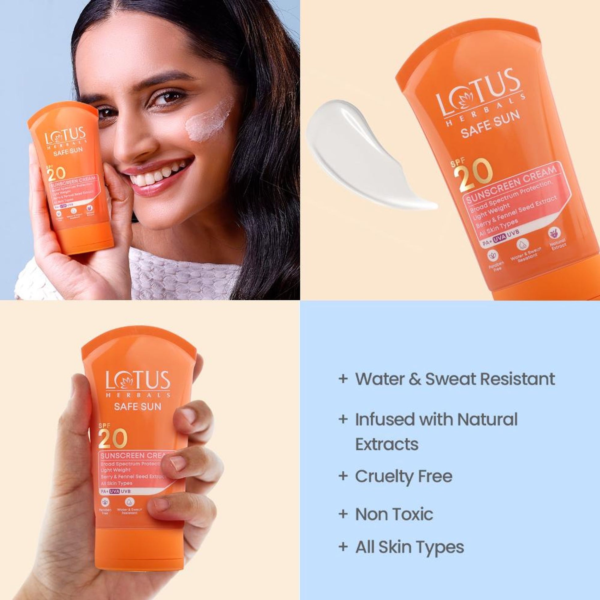 Lotus Herbals SafeSun Sunscreen Cream SPF 20 PA+ ,Berry & Fennel Seed Extracts,Waterproof & Oil-free