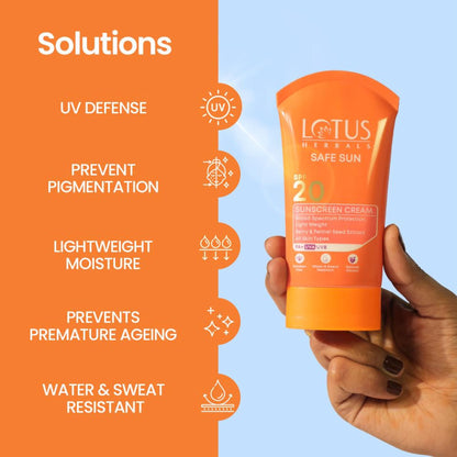 Lotus Herbals SafeSun Sunscreen Cream SPF 20 PA+ ,Berry & Fennel Seed Extracts,Waterproof & Oil-free