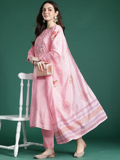 Indyancart IE Floral Embroidered Thread Work Kurta with Trousers & With Dupatta