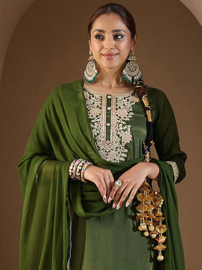 Indyancart IE Women Ethnic Motifs Embroidered Regular Kurta with Trousers & With Dupatta