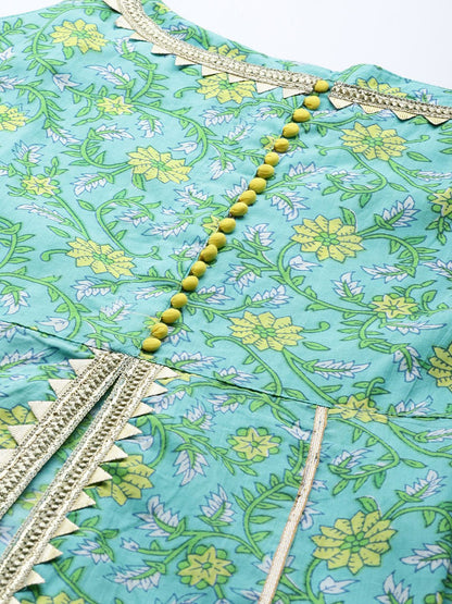 Indyancart VA Women's Sea Green & White Floral Printed Gotta Patti Pure Cotton Kurta with Sharara