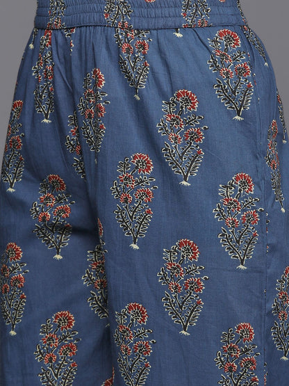 Indyancart VA Women's Blue Ethnic Motifs Printed Pure Cotton Kurta with Trousers & Dupatta