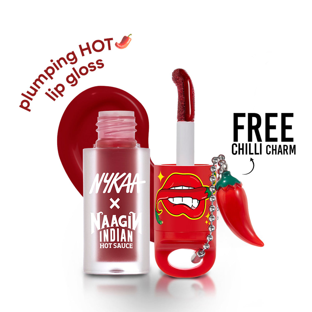 Nykaa Cosmetics Naagin Hot Sauce Plumping Lip Gloss in vibrant red, glossy finish, showing the applicator and sleek packaging.