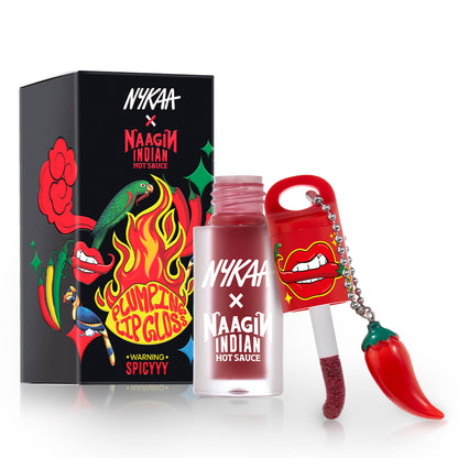 Nykaa Cosmetics Naagin Hot Sauce plumping lip gloss in a vibrant, glossy finish, featuring a sleek tube with branding and color details.