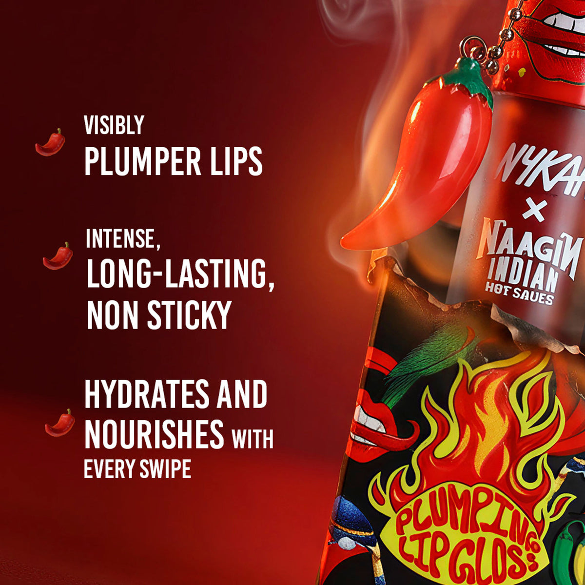 Nykaa Cosmetics Naagin Hot Sauce plumping lip gloss in a vibrant shade, with glossy finish and sleek packaging.