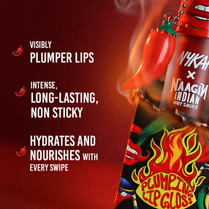 Nykaa Cosmetics Naagin Hot Sauce plumping lip gloss in a vibrant shade, with glossy finish and sleek packaging.