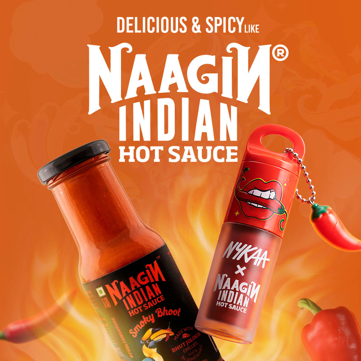Nykaa Cosmetics Naagin Hot Sauce plumping lip gloss in a vibrant shade, featuring a sleek tube and applicator.