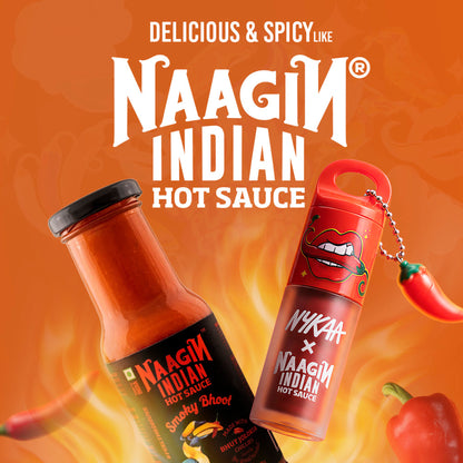 Nykaa Cosmetics Naagin Hot Sauce plumping lip gloss in a vibrant shade, featuring a sleek tube and applicator.
