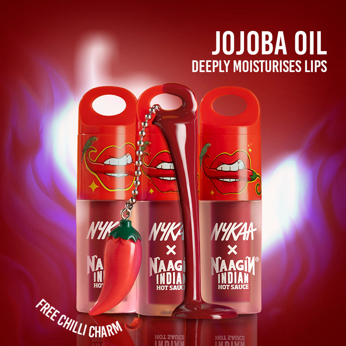 Nykaa Cosmetics Naagin Hot Sauce Plumping Lip Gloss in a vibrant shade, featuring a sleek tube and applicator brush.