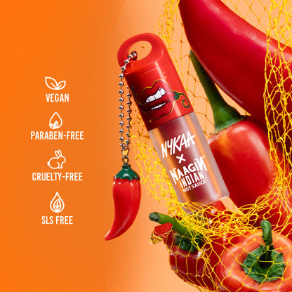 Nykaa Cosmetics Naagin Hot Sauce plumping lip gloss in a sleek tube, showcasing vibrant packaging and glossy finish.