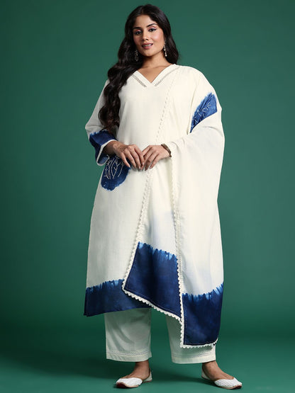 Indyancart IE Plus Size Ombre Printed Thread Work Linen Kurta with Trousers & With Dupatta