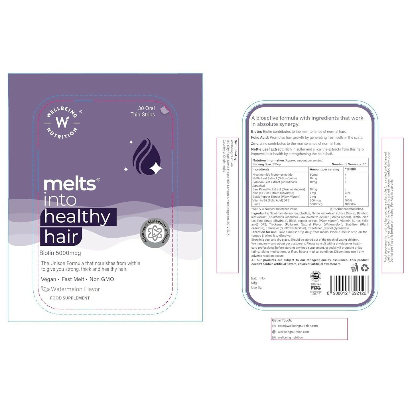 Wellbeing Nutrition Melts healthy hair and hair fall control strips for oral care, displayed in a close-up image.