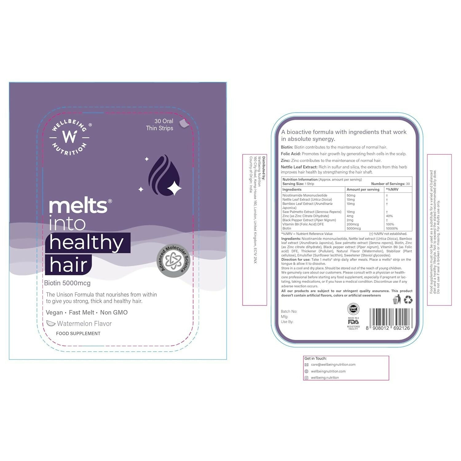 Wellbeing Nutrition Melts healthy hair and hair fall control strips for oral care, displayed in a close-up image.