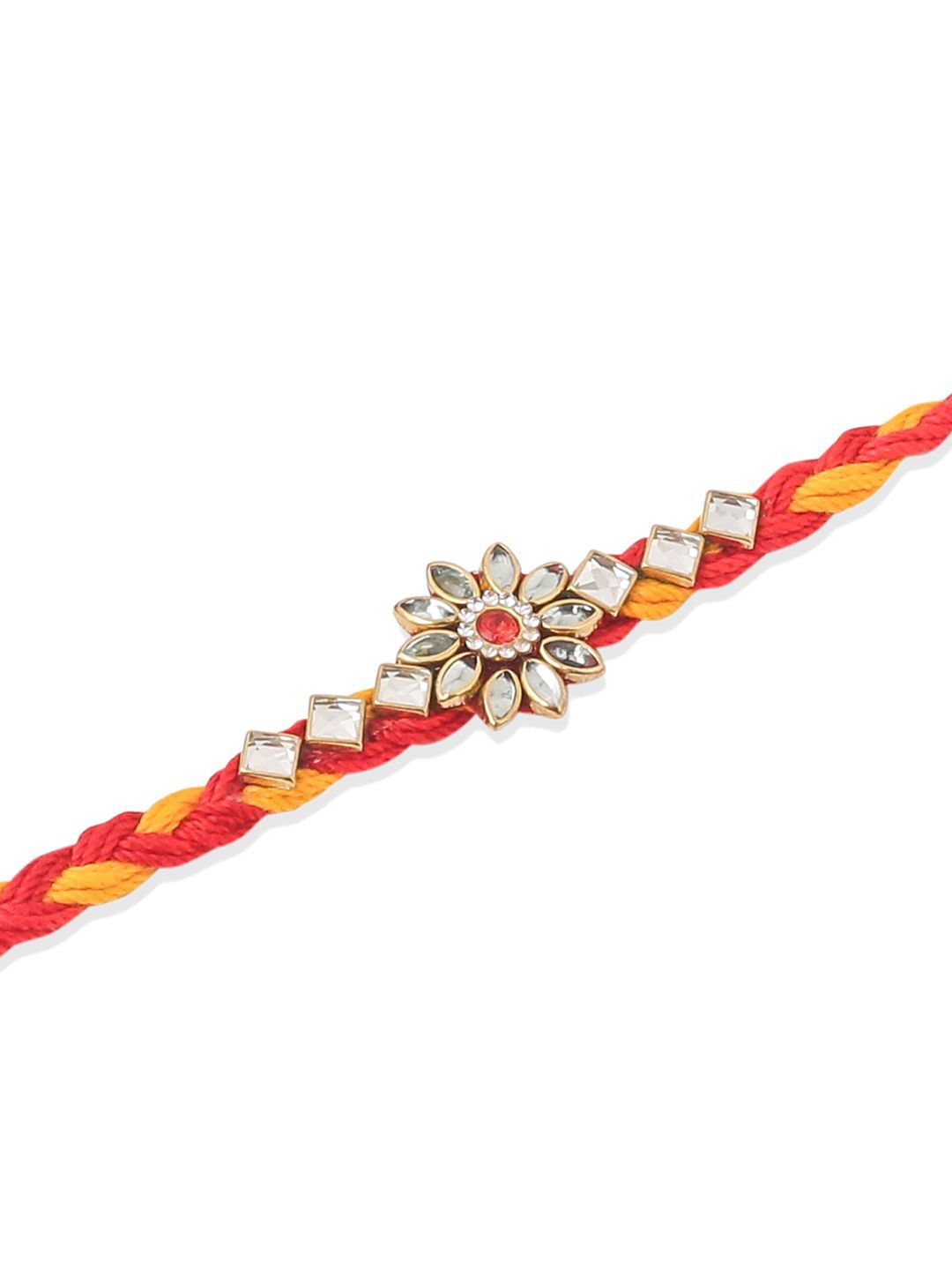 Anouk Men Set Of 6 Red & Yellow Kundan Studded Floral Design Thread Rakhi With Roli Chawal