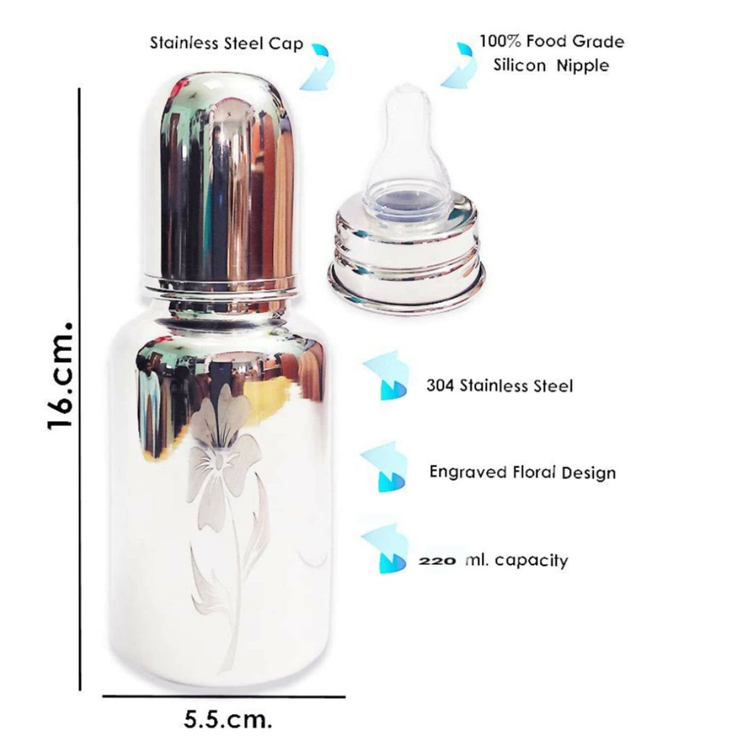 Goodmunchkins Stainless Steel Feeding Bottle with Bottle Cleaning Brush/Chakku/Anti Colic Silicone Nipple Combo-(220ml,Blue) - Indyancart