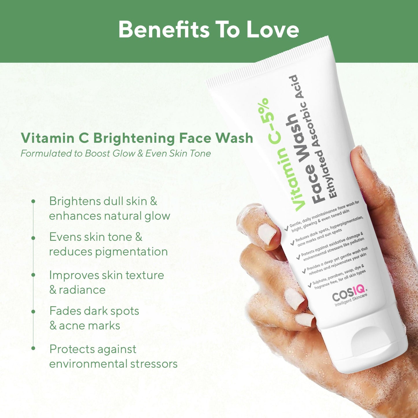 Cos-IQ Vitamin C-5% Brightening Face Wash with a pump dispenser and fresh citrus scent, showing the product bottle on a clean surface.