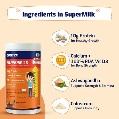 Gritzo SuperMilk Height+ (7-12y Boys), 10g Protein Powder - Double Chocolate