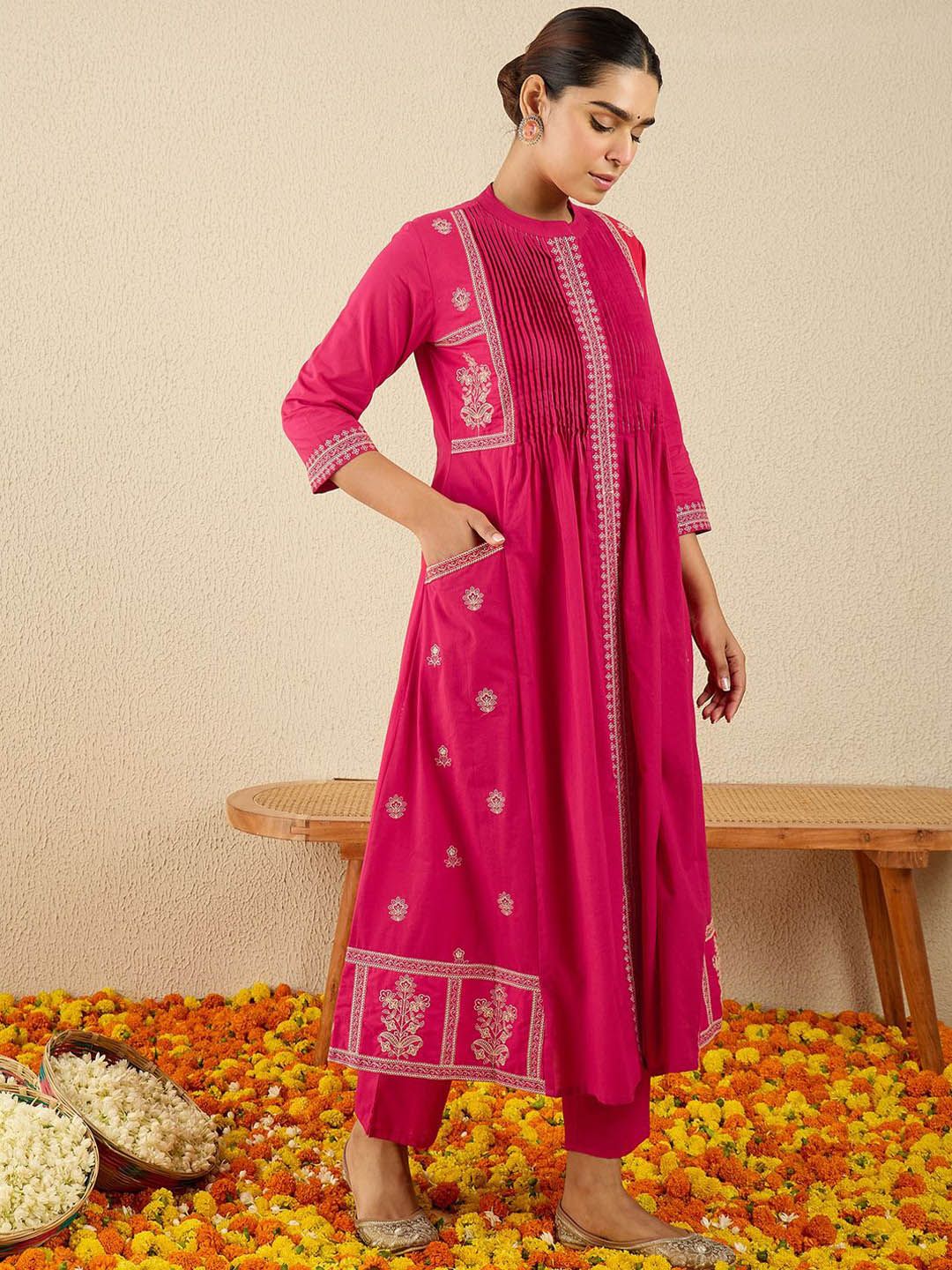 Dhiyona IE Embroidered Pure Cotton Mandarin Collar Neck Top With Trousers Co-Ords