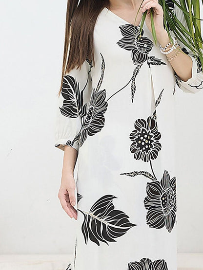 Indyancart IE Floral Printed V-Neck Tunic & Trousers