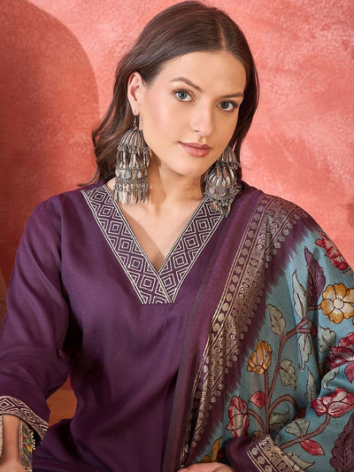 Indyancart SN Women's Embroidered V-Neck Straight Kurta With Trousers & Dupatta