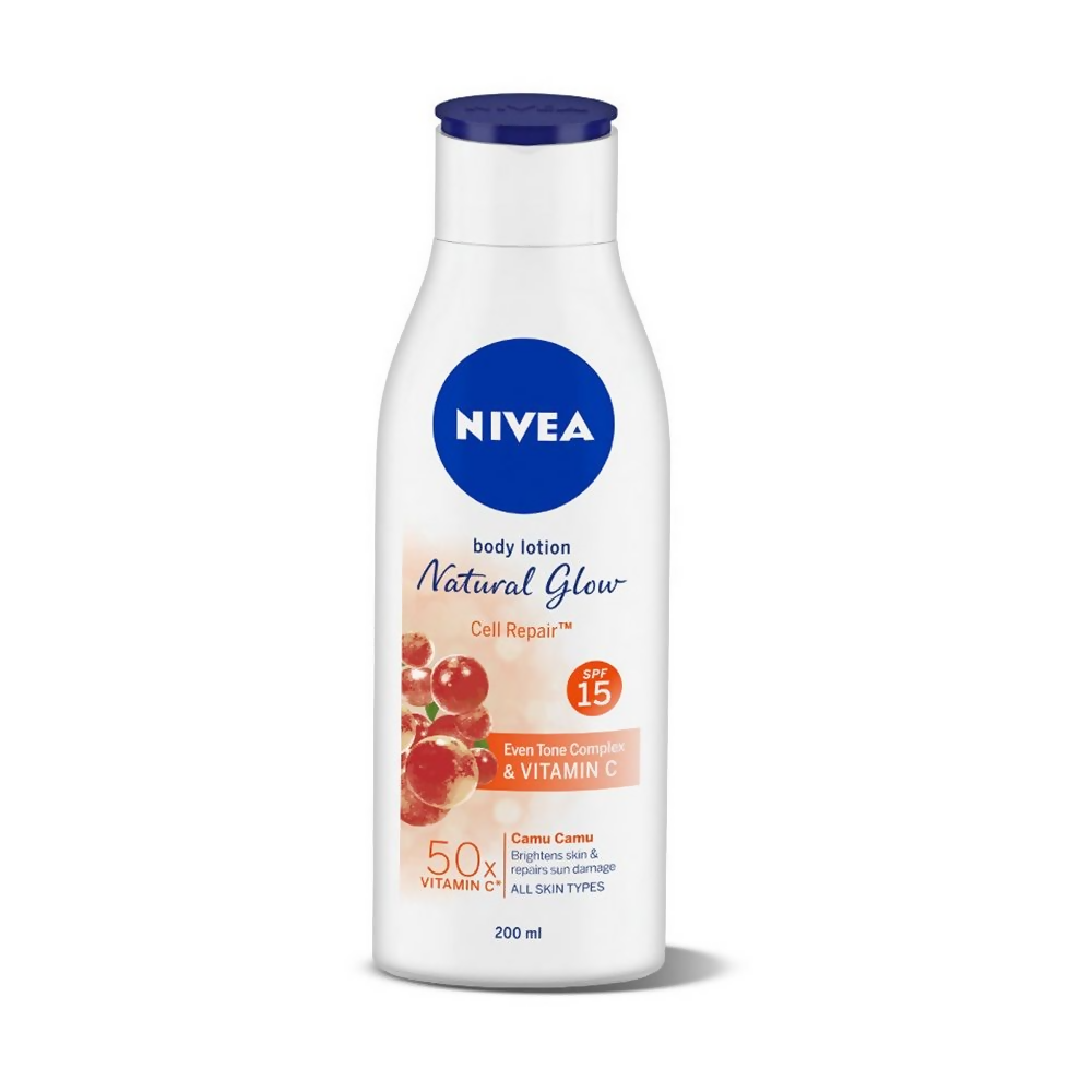 Nivea Sunscreen and 50X Vitamin C Body Lotion bottle, moisturizing skincare with SPF and brightening properties.
