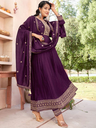 Indyancart SN Women's Embroidered Round Neck Anarkali Kurta With Trouser & Dupatta