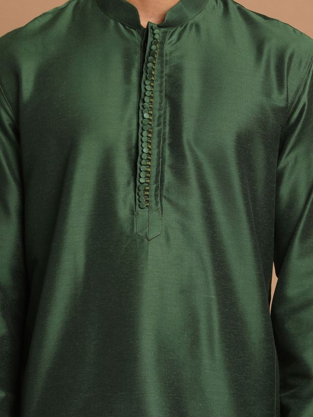 Men's Bottle Green Cotton Blend Straight Kurta Pyjama Set