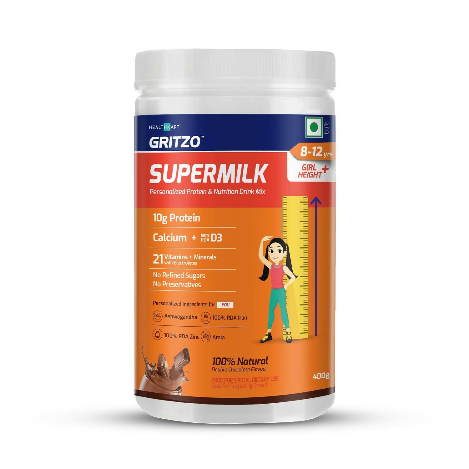 Gritzo SuperMilk Height+ Health Drink for 8-12y Girls - Double Chocolate Flavor - Indyancart