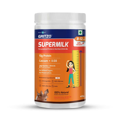 Gritzo SuperMilk Height+ Health Drink for 8-12y Girls - Double Chocolate Flavor - Indyancart