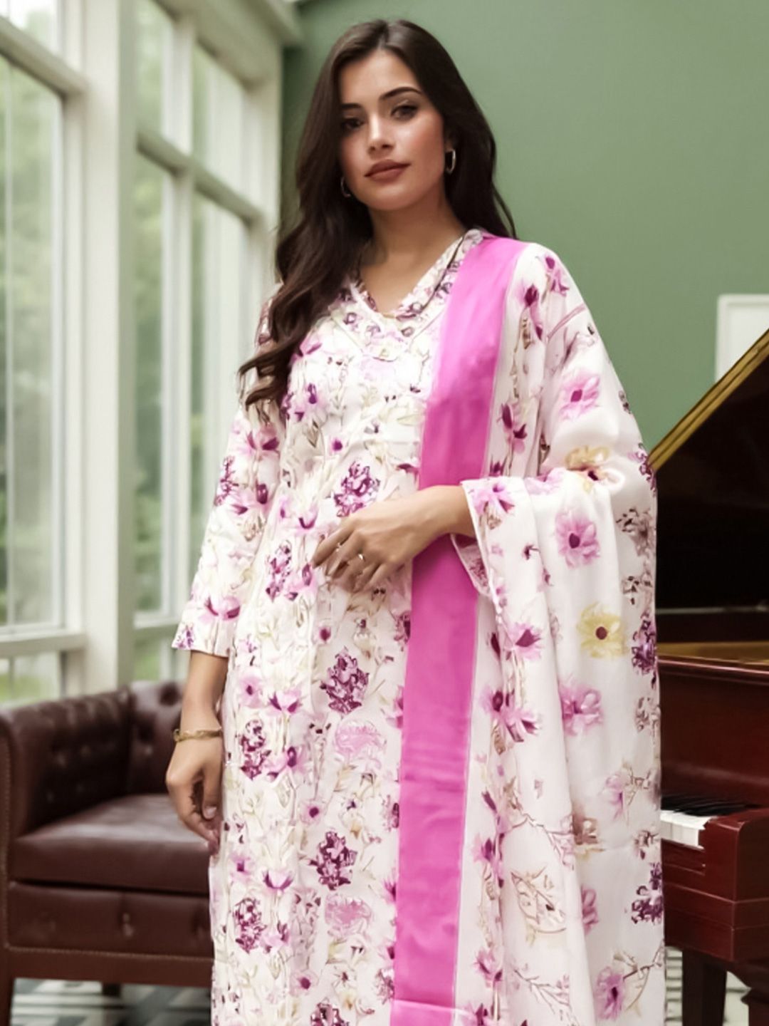 Floral Printed Pure Cotton Straight Kurta With Trousers & Dupatta