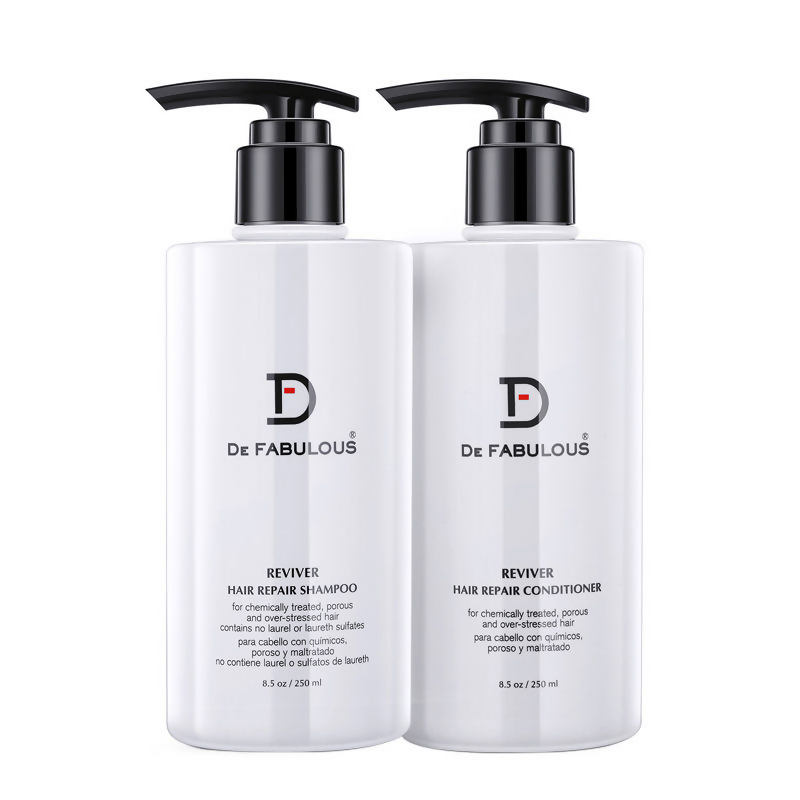 De Fabulous Reviver Hair Repair Shampoo and Conditioner combo bottles, natural hair care product for damaged hair.