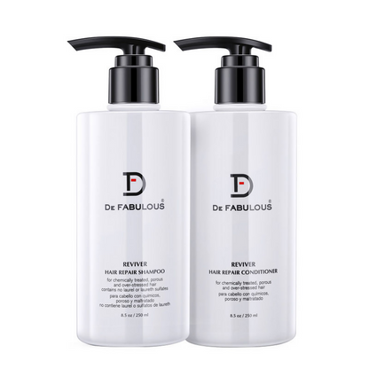 De Fabulous Reviver Hair Repair Shampoo and Conditioner combo bottles, natural hair care product for damaged hair.