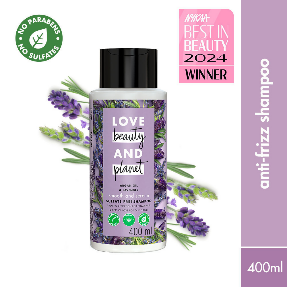 Love Beauty and Planet argan oil and lavender sulfate-free shampoo for dry and frizzy hair, shown in a sleek bottle.