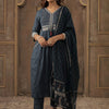 Indyancart IE Motifs Embroidered Pure Cotton V-Neck Straight Kurta With Trousers & Dupatta