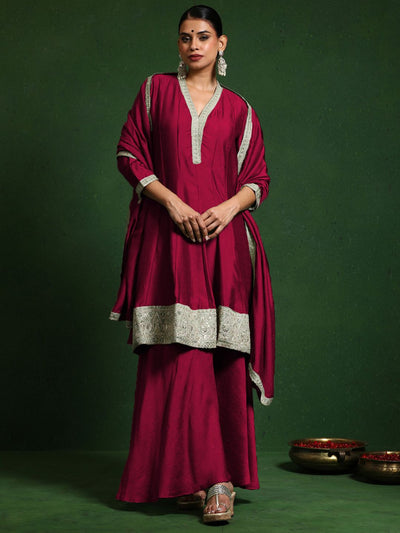 Indyancart VA Woven Design Layered V-Neck Zari Kurta With Sharara & Dupatta