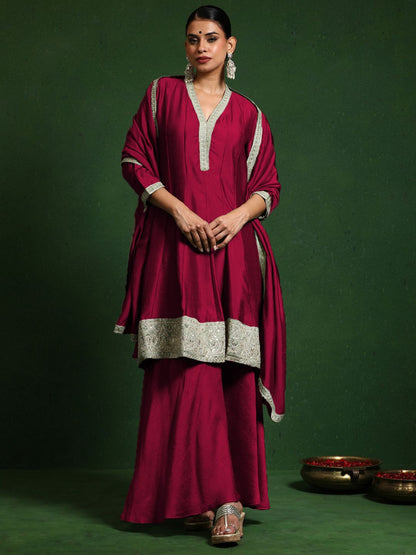 Indyancart VA Woven Design Layered V-Neck Zari Kurta With Sharara & Dupatta