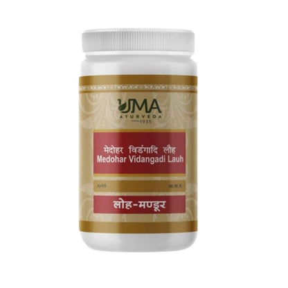 Uma Ayurveda Medohar Vidangadi Lauha Ayurvedic tablets in a blister pack, showing the tablet strips and packaging.
