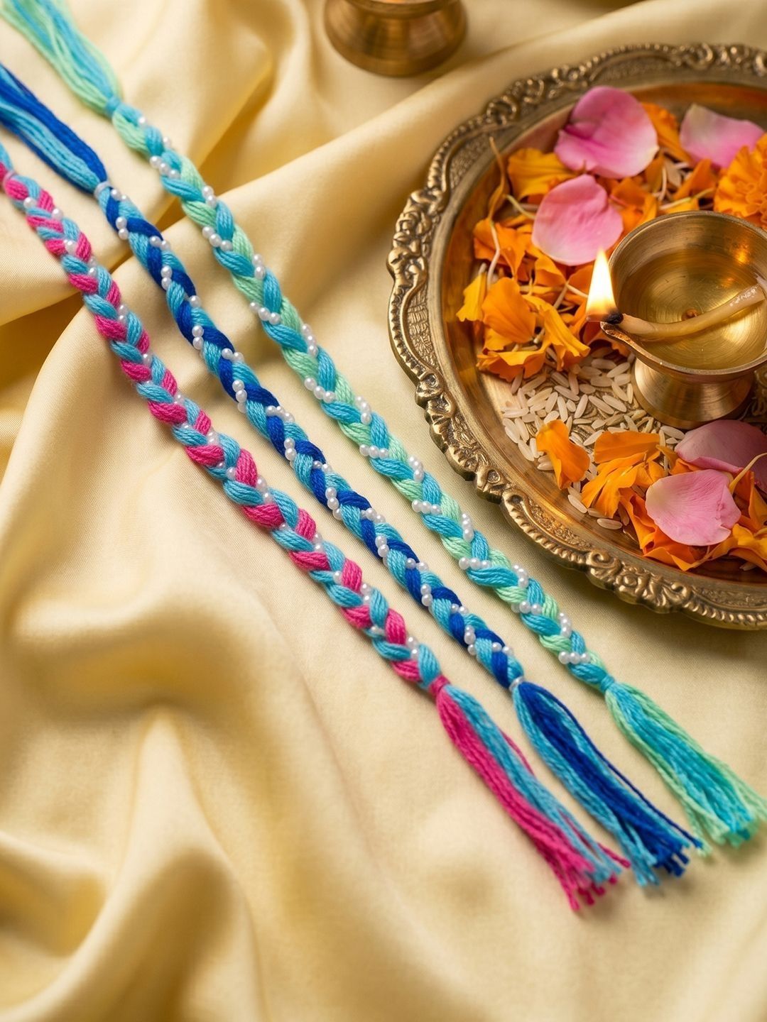 Anouk Set Of 3 Multicolor Thread Rakhi With Roli Chawal Chandan Mishri