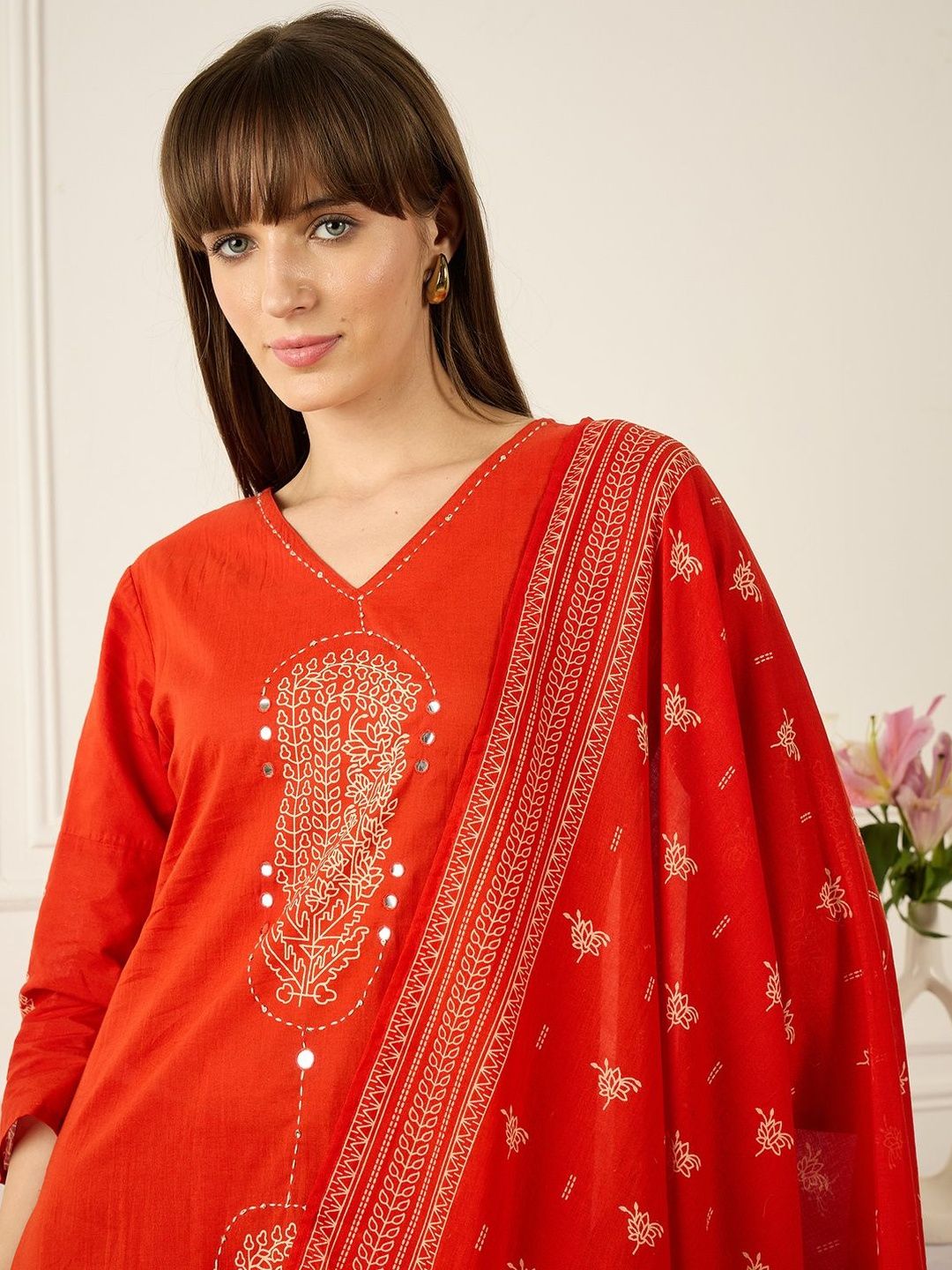 Women Ethnic Motifs Embroidered Regular Mirror Work Pure Cotton Kurta with Trousers & With Dupatta