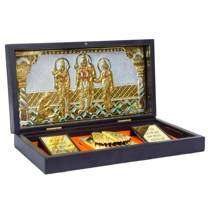 Gold-polished Anciently Ram Darbar pocket temple box with rectangle shape and Charan Paduka, featuring detailed god idols.