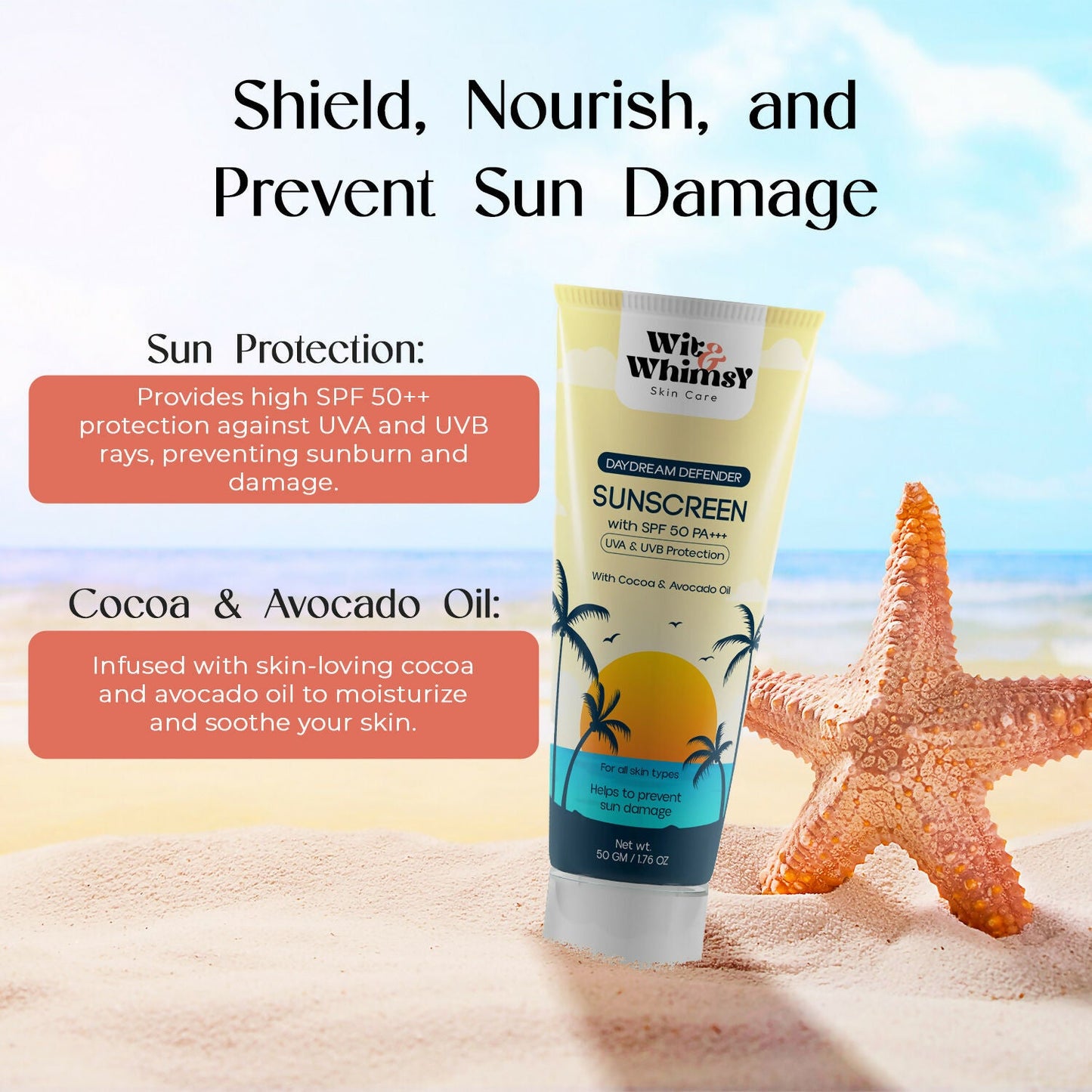 Wit and Whimsy SPF 50 PA+++ sunscreen with cocoa and avocado oil, showing the creamy lotion in a pump bottle.